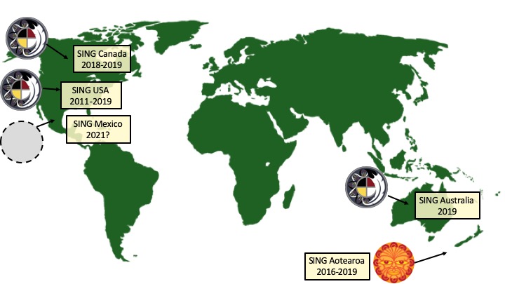 A map of the international SING Consortium. To include SING USA, SING Canada, SING Aotearoa, and SING Australia. Future plans for SING Mexico are shown.